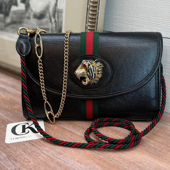 Gucci Rajah Shoulder Bag Black Leather w/ Web Stripe & Tiger Head - Picture 1 of 10